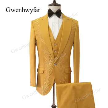 

Gwenhwyfar Latest Coat Pants Designs Peak Lapel Groom Tuxedos Gold Embroidery 3 Pieces Slim Fit Mens Wedding Prom Suits Blazer