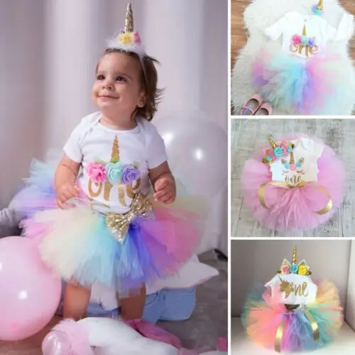 

Baby Clothes Set 3PCS Baby Girl 1st Birthday Outfit Party Unicorn Romper Cake Smash Tutu Dress