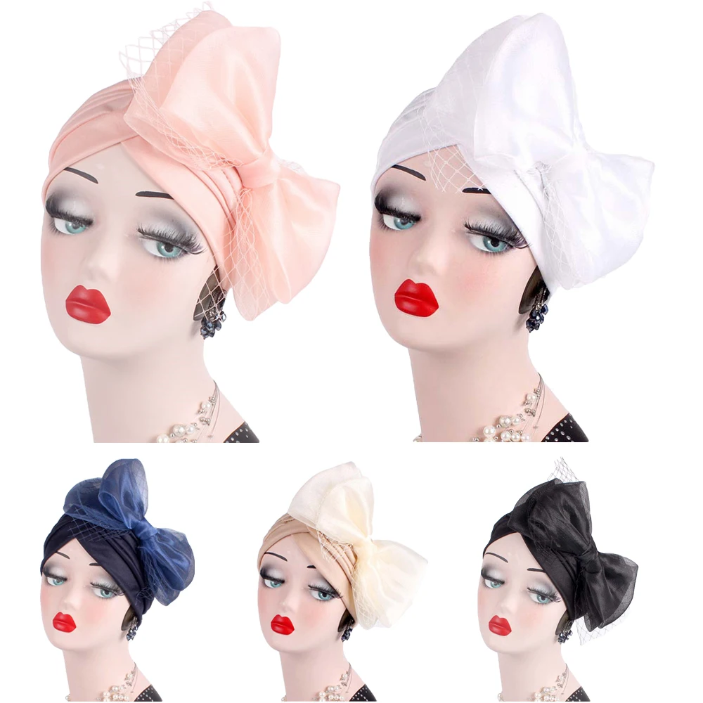 

India Muslim Woman Net Yarn Bowknot Retro Cap Scarf Chemo Cap Fashion Turban Headwrap Hat Elegant Pleated Vintage Bonnet Islamic