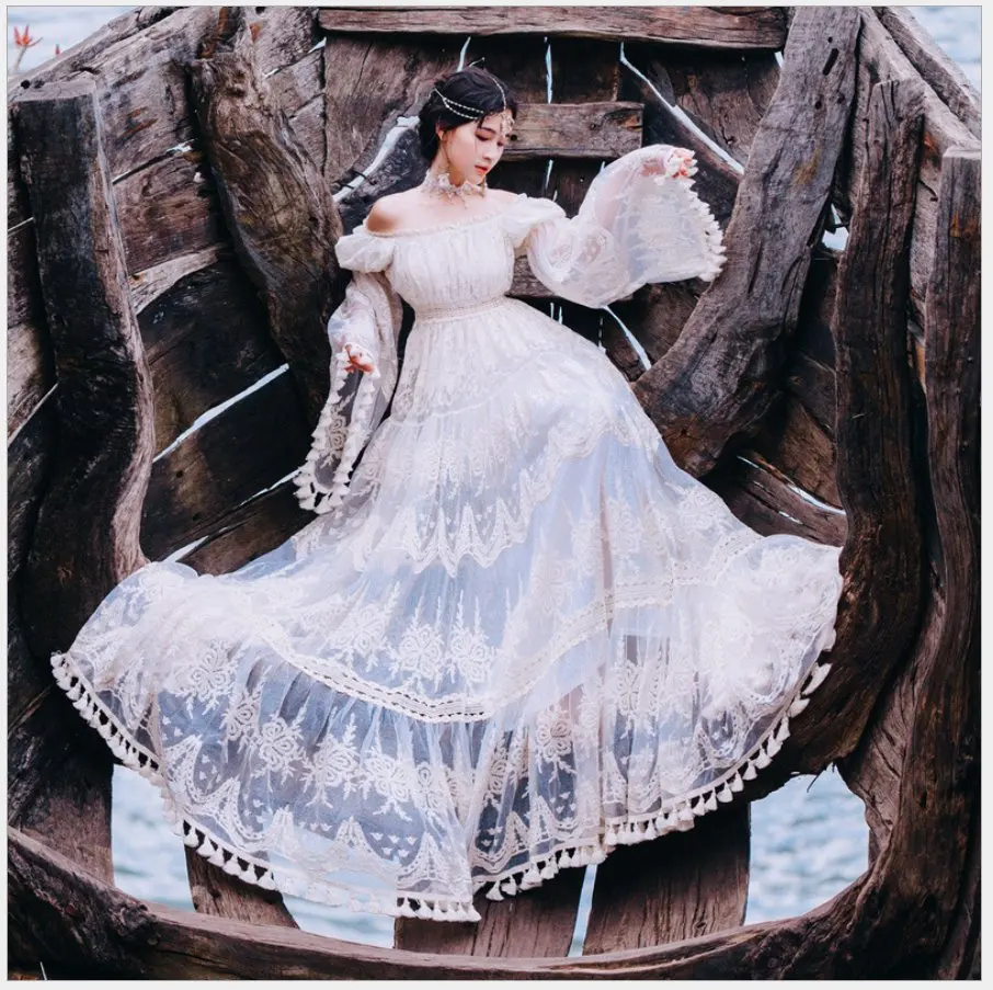 

Vintage Elegant Party Dresses Women Off Shoulder Lace Hollow Out Maxi Dress Retro White Long Dresses