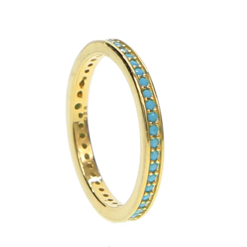 Classic Gold Color 925 Sterling Silver Ring Paved Turquoises Stone for Wedding Engagement Gifts Delicate Jewelry