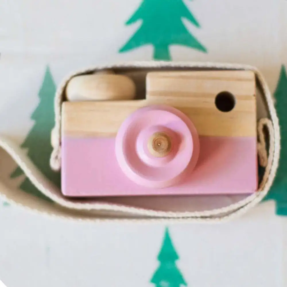 Мини Деревянный Камера Милые Детская игрушка из мультика Малыш Камера с ремнем для шеи Опора украшения развивающие дети играют дома - Цвет: Розовый