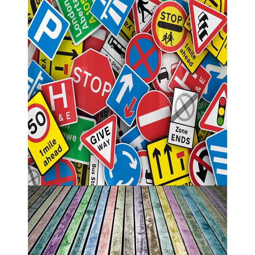 

TR Road Signs Wall Colored Wooden Floor Children Baby Backdrops for Photo Studio Wedding Photography Backgrounds Backdrops Vinyl
