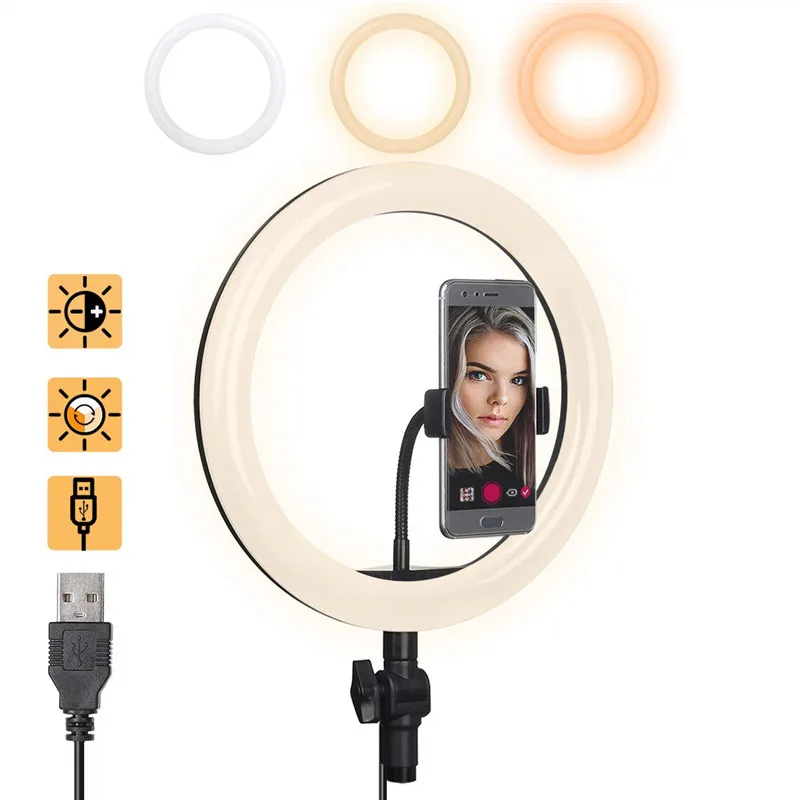 

LED Ring Light Plastic Soft USB Adjustable 3 Lights Color 13 Inch 3000K-5600K Phone Stand for Makeup YouTube Video Photography