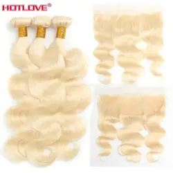 Hotlove 613 блондинка волна Кружева Фронтальная застежка со светлыми 3 Связки Мёд 613 перуанские прямые волосы фронтальные заказ с сеткой