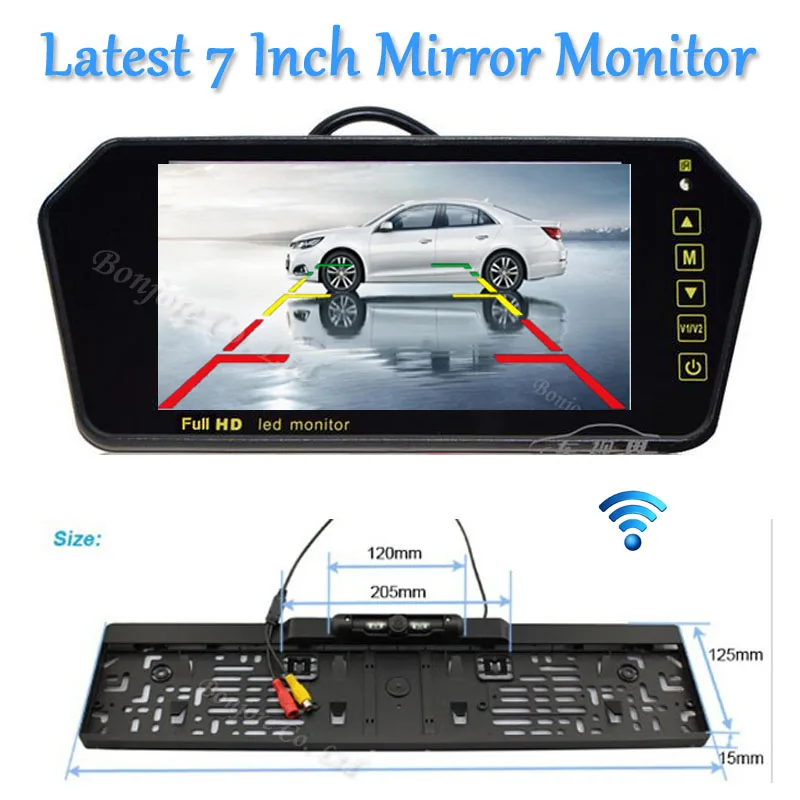 

Parking Wireless HD 7" LCD car Mirror Monitor DVD/VCD/GPS/TV Screen Car Europe License Plate Frame Rearview Camera Infrared Led
