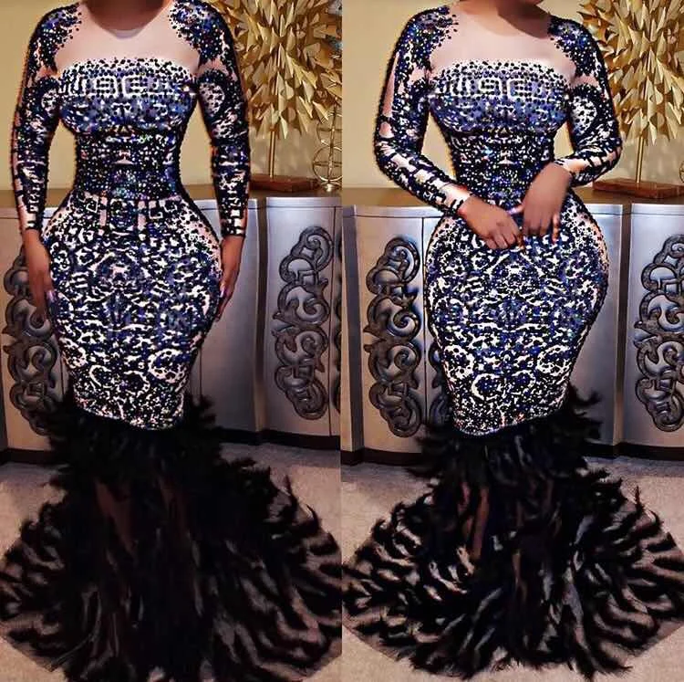 Goedkoop Hoge Kwaliteit Hoge Elastische Lange Mouwen Kralen Veer Trompet Avondjurk Party Dress Kostuums