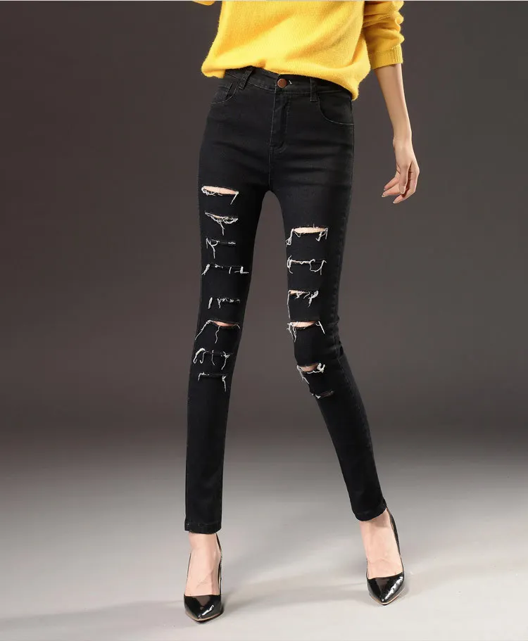 1 шт., Женские джинсы-карандаш с высокой талией, 2019 весенние джинсовые хлопковые Узкие рваные джинсы, женские узкие джинсовые брюки для
