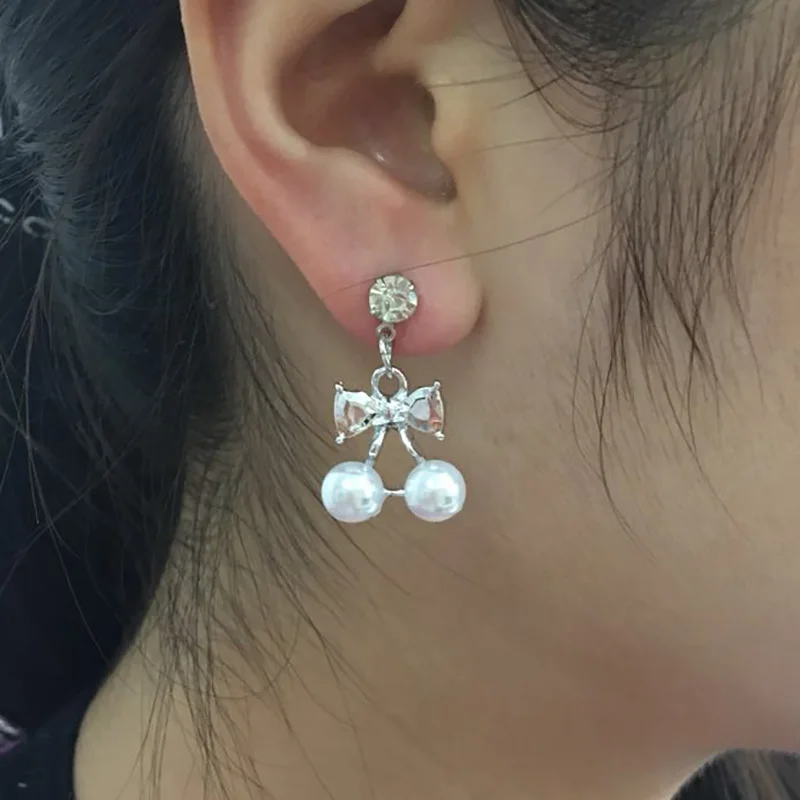 TDQUEEN Fashion Bowknot long Crystal Drop Earrings Simple Bow shape Pearl Rhinestone Long and Short Earrings For Women Jewelry  (6)