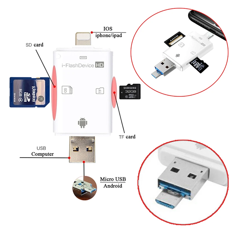 SD Card Reader 3 In 1 Tf Card Reader For Ios Android USB 2.0 Otg Memory Card reader Adapter