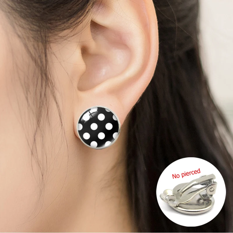 

2019 Blue Black Red Polka Dot Round Glass Cabochon Earrings No Pierced Jewelry Fashion Classic Earrings for Women