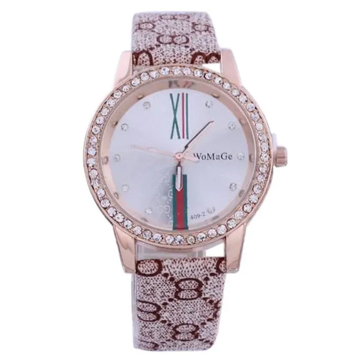 

WoMaGe Luxury Rhinestone Watch Woman Fashion Gold Watches Leather Quartz Lady Hour Clock Pink