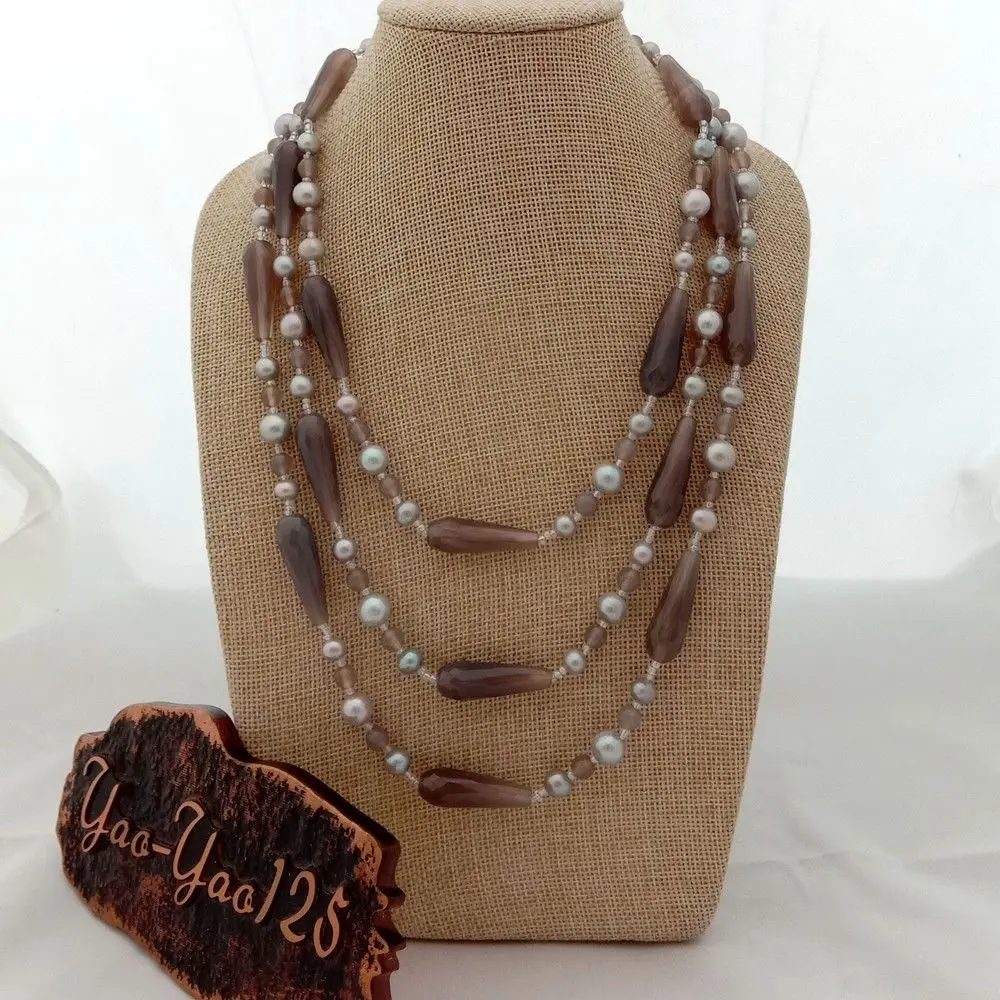 

18'' 3 Rows Grey Pearl Grey Stone Necklace