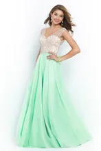 2016 langer Abschlussball Kleidet Eine Linie V-ausschnitt Perlen Kristalle Mint Chiffon Backless Abendkleider vestidos de fiesta robe de soiree