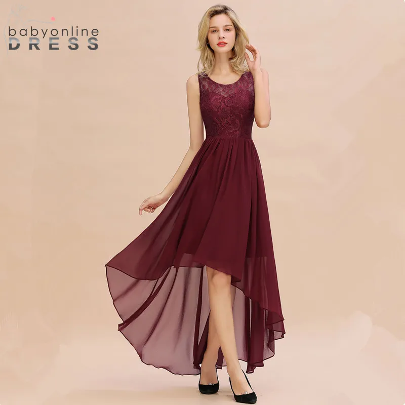 

Charming Burgundy High Low Lace Prom Dresses Long Sexy Sheer Back Prom Gowns Long Party Dresses Robe de Soiree