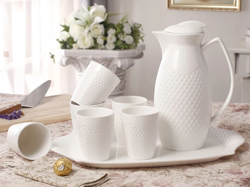 

Modern Style Elegant Bone China Water Kettle and Cup Set with Engraving Pattern White Colour