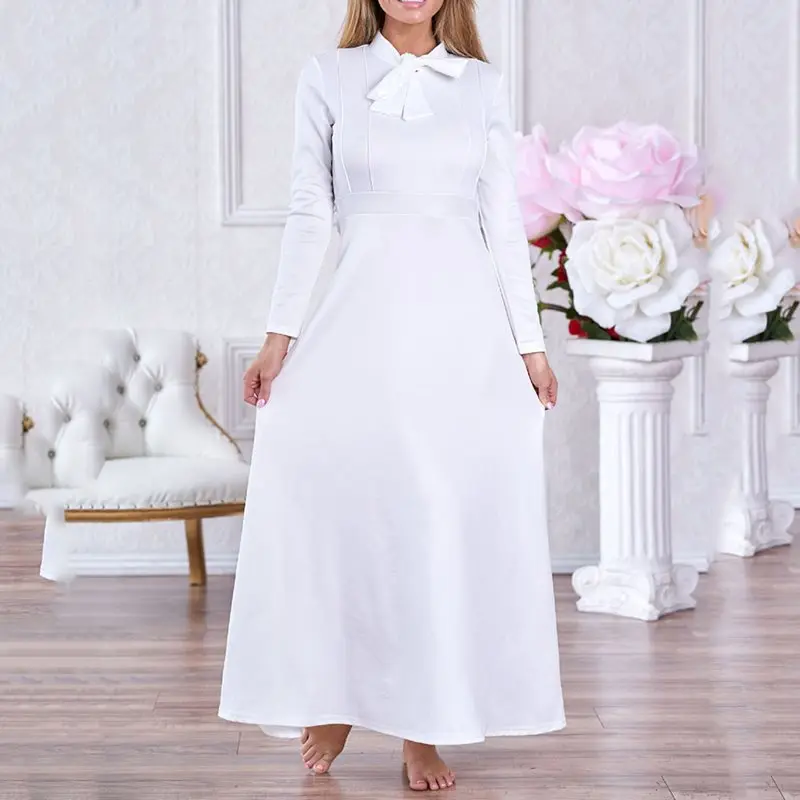 

2019 French Vintage White Long Dress Elegant Women Simple Bow Collar Fashion Long Sleeve Autumn High Waist Party Maxi Dresses