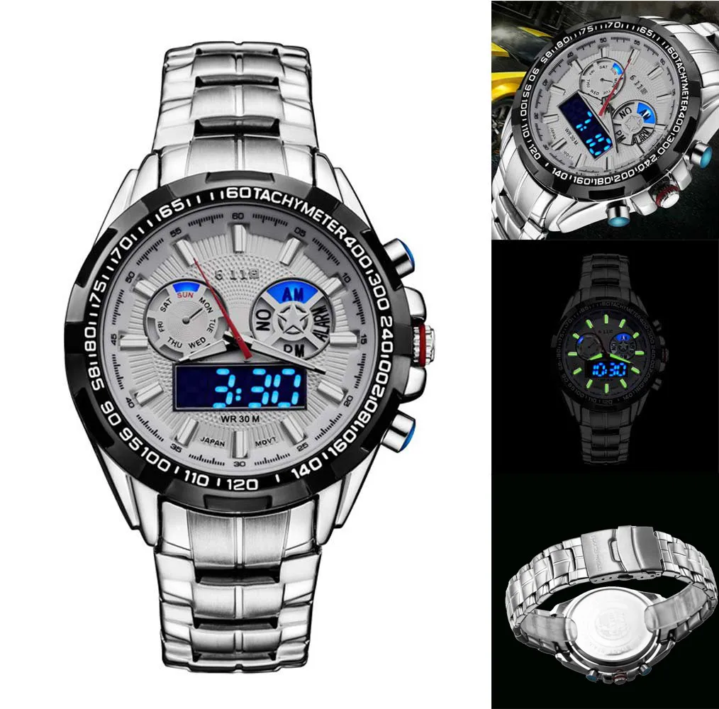 

2019 Best Sale Fashion Waterproof LED Calendar Luminous Double Movement Quartz Steel Belt Watch clock saat Gift Dropshipping