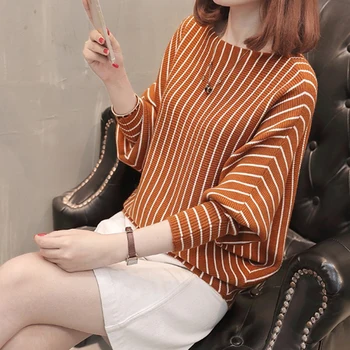 

2019 Autumn Sweater Women Pullover Knitted Striped Batwing Fashion Loose Pullovers Knitwear Black Ladies Fall Sweaters Ladies