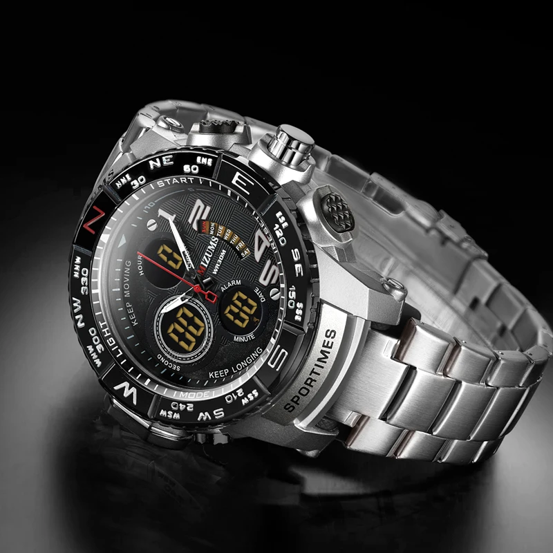 brave for men cool big case golden steel band dual time zones watches for men led digital quartz mens watches free shipping  (13)