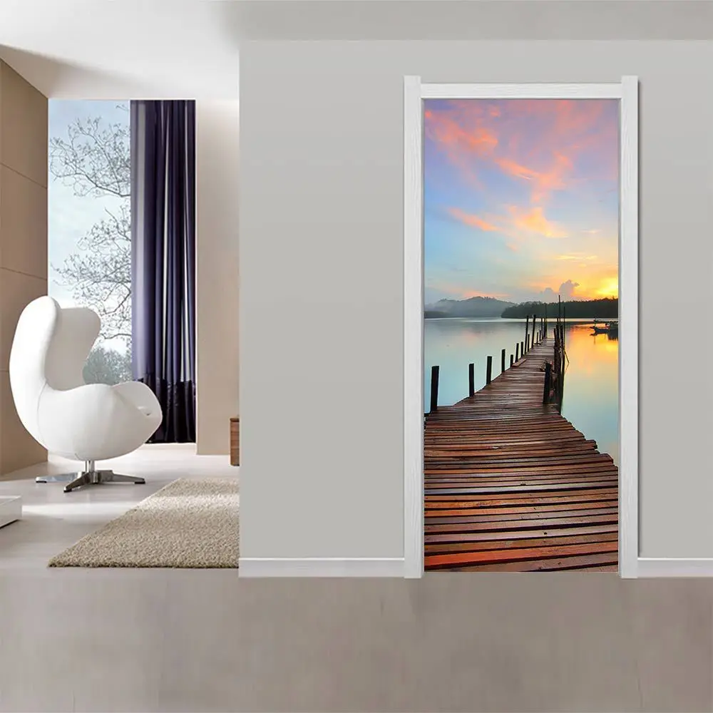 Закат светящийся трестет мост двери наклейки 3D Фото Обои фреска гостиной спальни декоративные наклейки на дверь