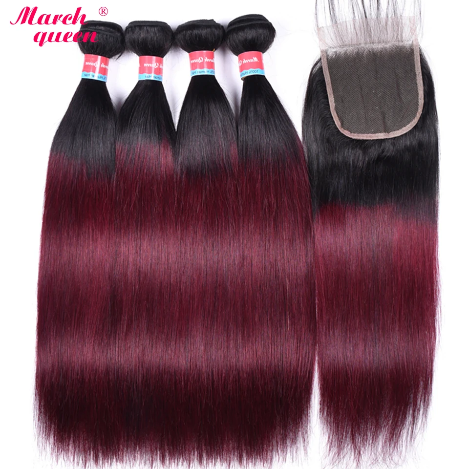 

March Queen Ombre Bundles With Closure T1B/99J Peruvian Straight Human Hair 4 PCS With 4*4 Lace Closure Baby Hair Natural Line