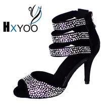 HXYOO New Arrival Black Rhinestone Women Latin Dance Shoes Ballroom Girls Soft Sole Ladies Salsa Tango Dancing shoes WK039