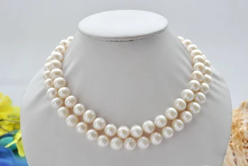 

P5209 2row 17" 12mm ROUND white Freshwater cultured PEARL NECKLACE^^^@^Noble style Natural Fine jewe (B0322)