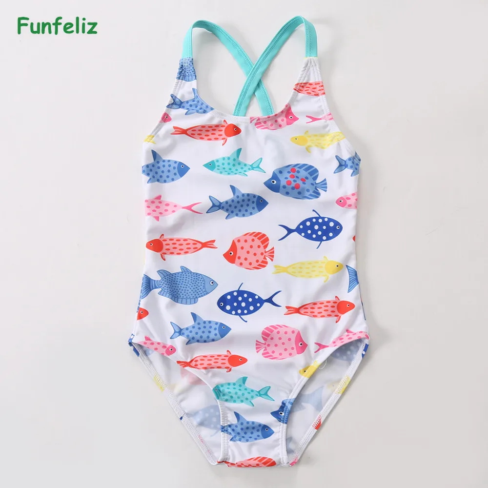 Funfeliz/Одежда для купания для девочек, От 2 до 12 лет, Цельный купальник с рисунком рыбы из мультфильма для детей, Качественные Спортивные купальные костюмы для девочек