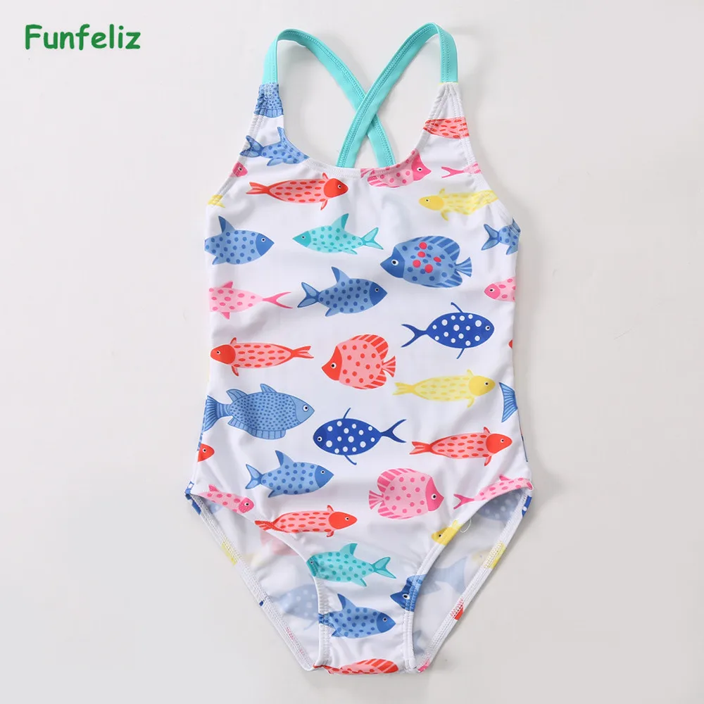 

Funfeliz Girls swimwear 2-12 Years Cartoon Fish Print One Piece Swimsuit for Children Quality Bather Girl Sport Bathing Suits
