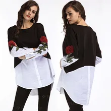 New Women Rose Print Embroidered Shirt Stitching Color Loose Long Sleeve Tops Irregular Button Tops Blouse New Women Rose Print Embroidered Shirt Stitching Color Loose Long Sleeve Tops Irregular Button Tops Blouse