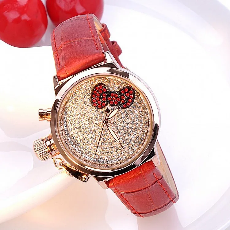 

GUOU Brand Wristwatches Waterproof Women's Watches Quartz-Watches Genuine Leather Fashion School Girl With A Bow Diamond Watches