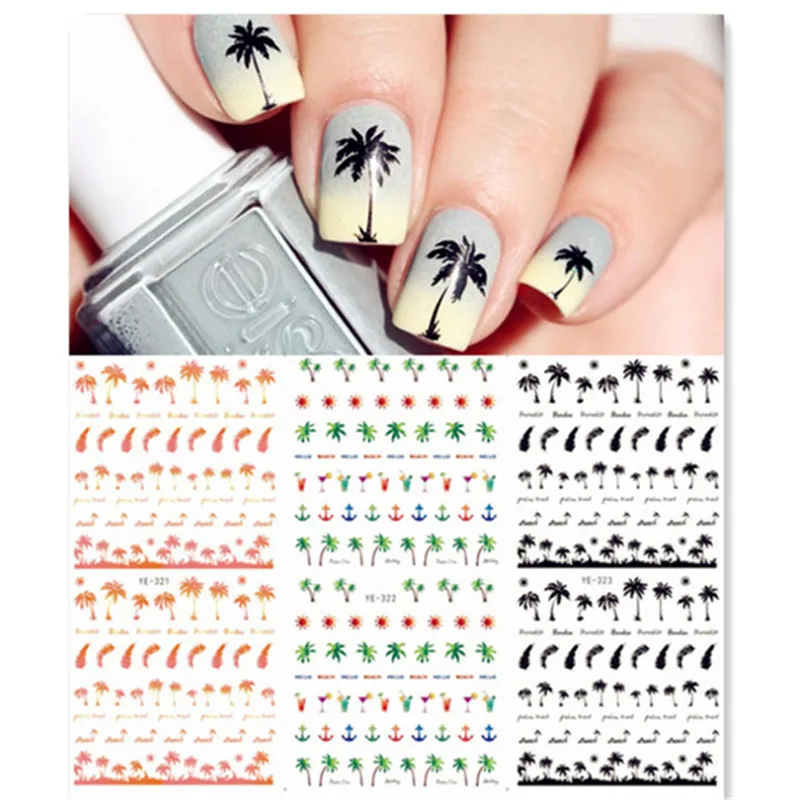 1 Sheet Feather Nail Water Decals Coconut Tree Summer Style Transfer Stickers Nail Art Sticker Tattoo Decals
