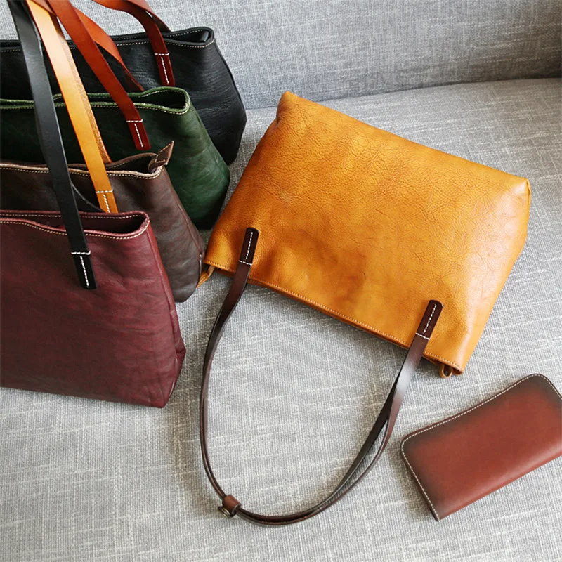 

2019 New original hand-planted tanned leather handbag cowhide hit tanned bag leather mommy bag