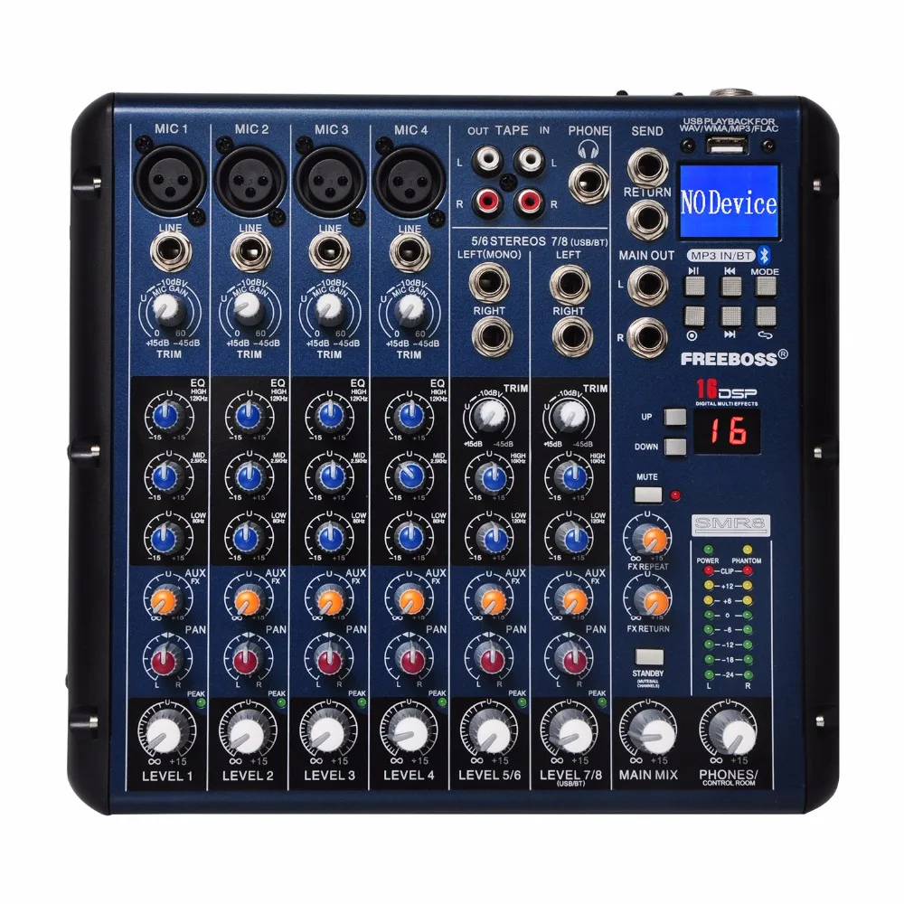 FREEBOSS SMR8 Bluetooth USB Запись 8 каналов (4 моно + 2 стерео) 16 dsp эффекты профессиональный DJ