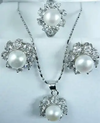 

Fancy White Pearl Necklace Earrings Ring Set>>18K GP Plated gold Bridal wide watch wings queen JEWE