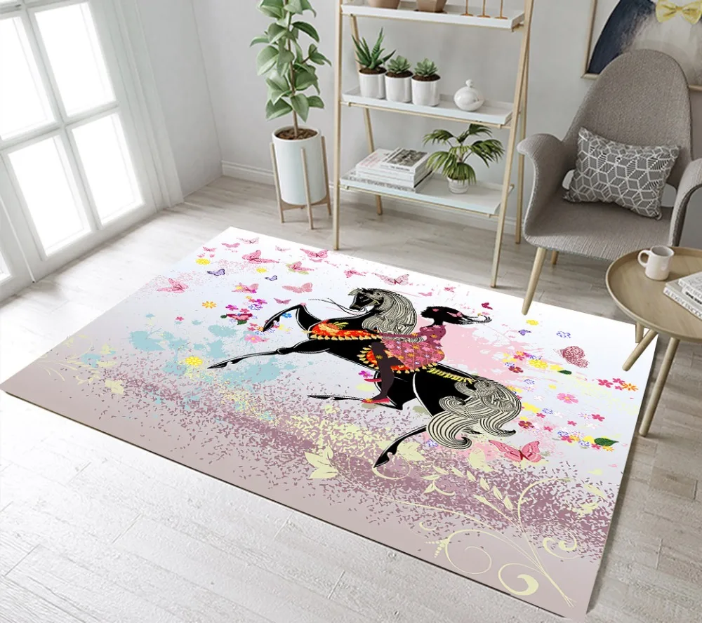 

LB A Girl Ride Horse And Pink Butterflies Doormat Home Cushion Bathroom Non-slip Mat Living Room Area Rugs Bedroom Floor Carpets