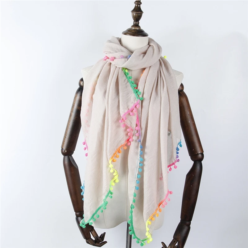 

2019 High quality spring and summer new design color wool ball lady scarf fashion Plain Hijabs Viscose Women Solid Shawl