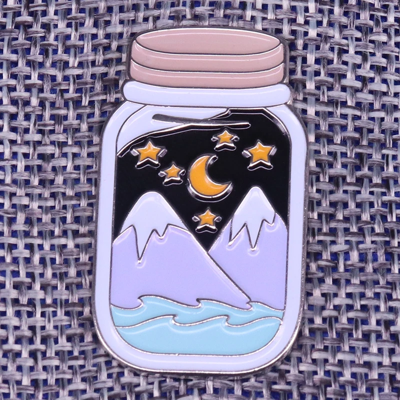 

Snow mountain jar brooch moon and stars badge Alaska landscape pin adventure jewelry nature lover gift travel accessory