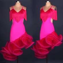 Взрослые/Дети латиноамериканские бальные танцы платья розовый/красный/зеленый Roupa De Ginastica сценические костюмы с бахромой Сальса представление платья