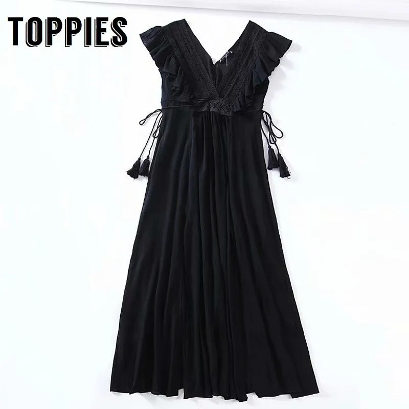 

Summer Sleeveless Spliced Lace Dress Pleated Hem Deep V Neck Ruffles Party Dress Tassel Belt