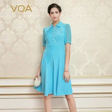 VOA 2017 Summer Preppy Style Mid Waist Shirt Dress Plus Size Sky Blue Heavy Silk Slim Beading Turndown Collar A-line Dress A3359