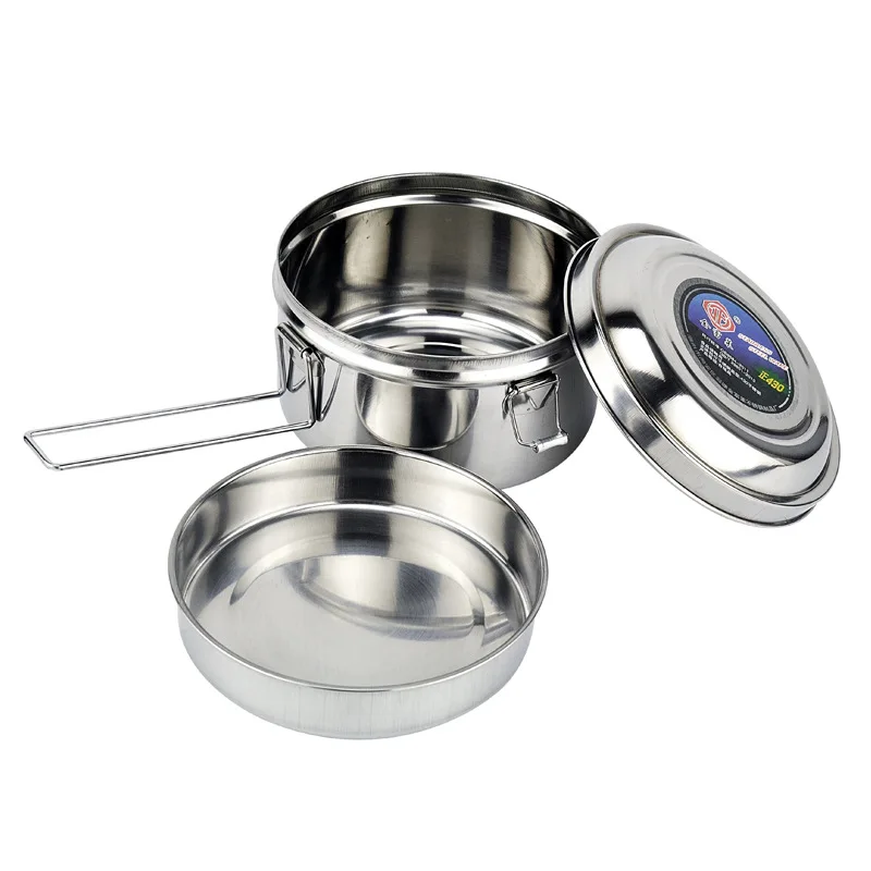 Camping ronda caja de almuerzo de picnic al aire libre de doble-capa portátil de acero inoxidable olla engrosada 1L-1.5L vajilla