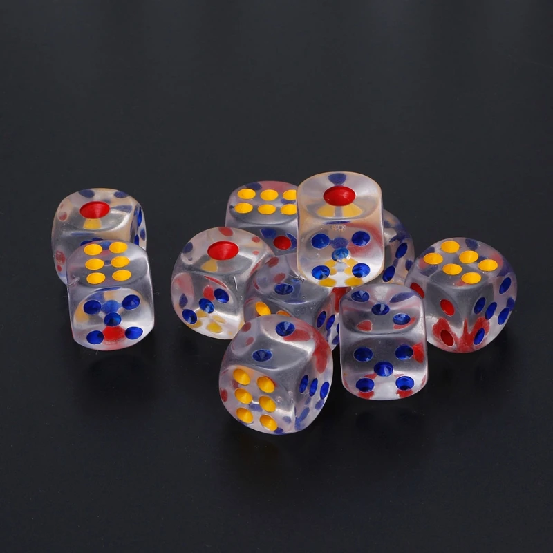 

10pcs/set D6 18mm Dice Clear Transparent With 3 Colors Pips Number Special Game