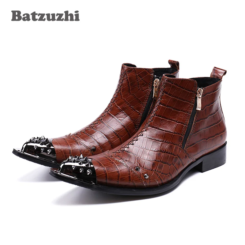 Batzuzhi итальянский Стиль модные Мужские ботинки острый носок Ботильоны из натуральной кожи человек ручной работы роскошные коричневые