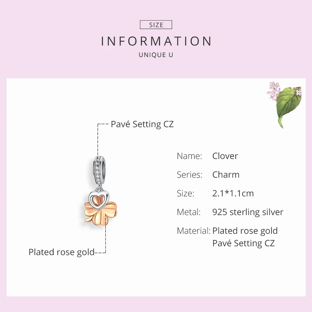 WOSTU, розовое золото, четырехлистное сердце, подвеска, шарм, 925 пробы, серебро, циркон, бусины, подходят к оригинальному браслету, кулон, хорошее ювелирное изделие, FIC1238
