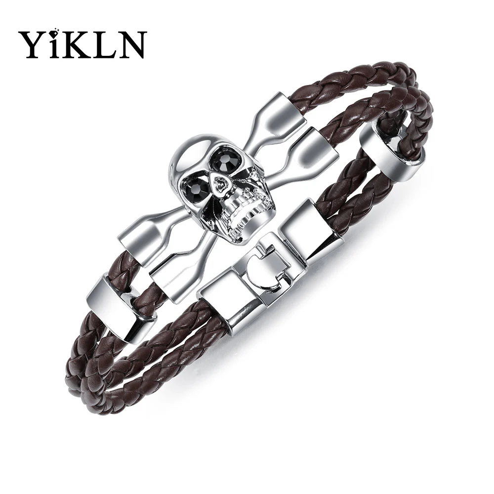 

YiKLN Hiphop/Rock Stainless Steel Skull Wrap Bracelet For Men Handmade Multilayer Leather Bracelets Bangles Jewelry OPH1262