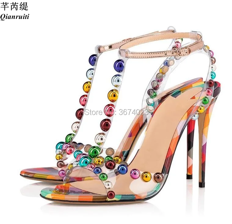 

Qianruiti Wedding Party Shoes Women Rainbow Jewel Studs Sandals Gladiator PVC High Heels T-strap Colorful Stilettos Sandles