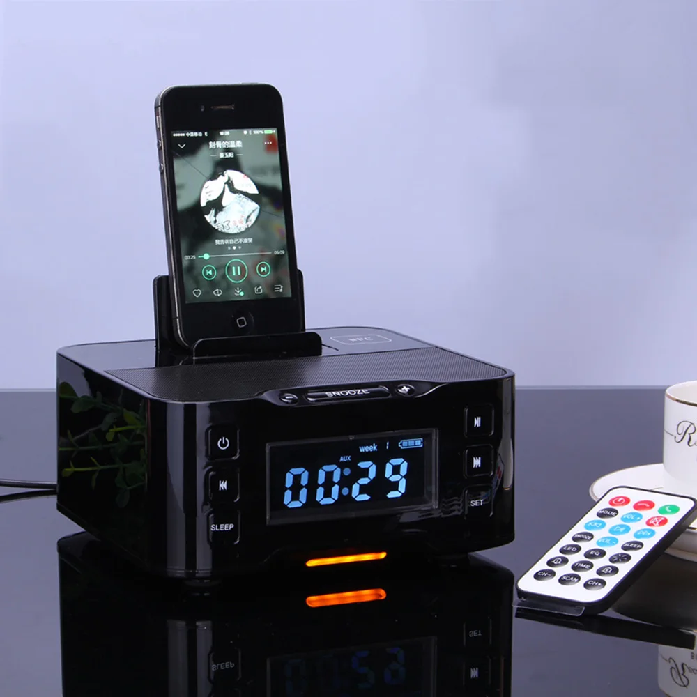 Bluetooth колонка NFC двойной будильник зарядная док станция для iPhone Micro USB Android с FM