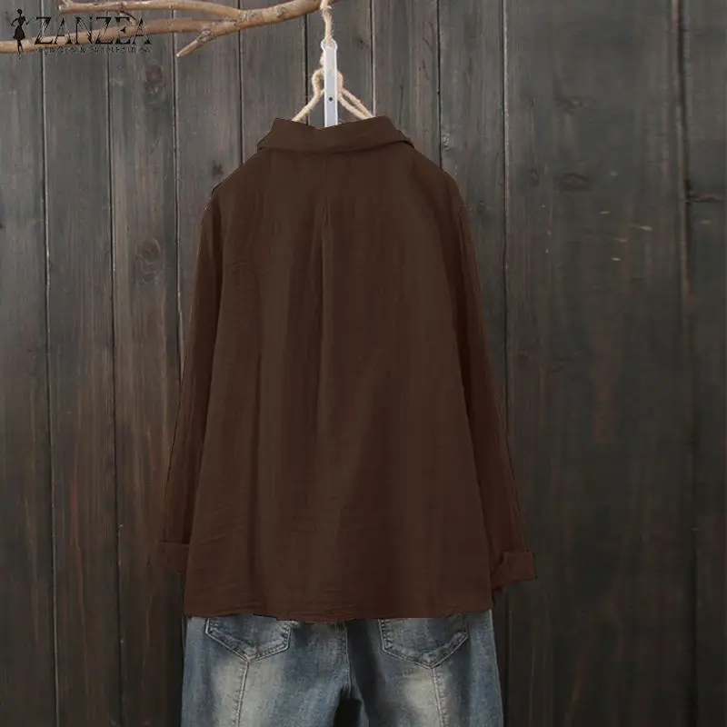 ZANZEA/винтажная женская блузка из хлопка и льна с отворотами и длинными рукавами; топы; Осенняя свободная Однотонная рубашка на пуговицах; Femininas; повседневные блузы